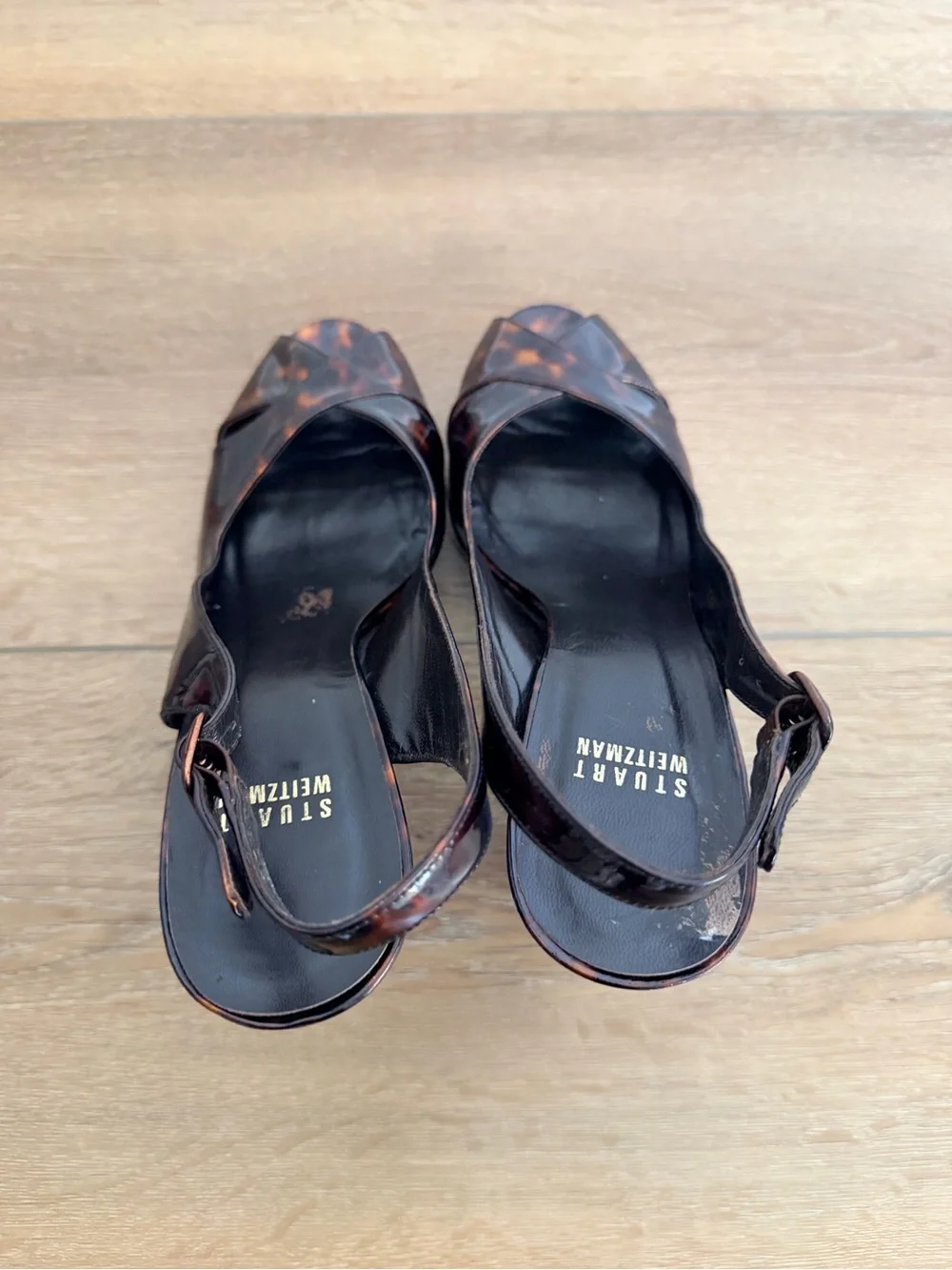 Stuart Weitzman Tortoiseshell Patent Leather Peep-Toe Platform Slingbacks